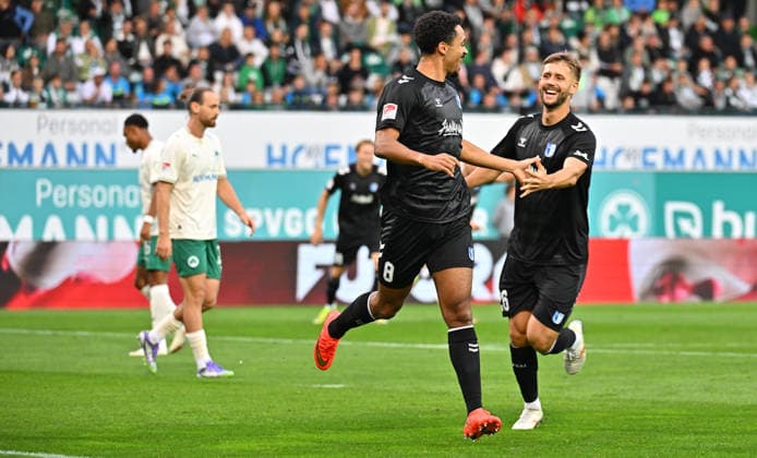 September 18, 2026 Soccer Season 2026–2027, 2nd Bundesliga, Matchday 6: SpVgg Greuther Fürth vs. Kleeblatt FC Magdeburg, FCM Sports Photo by Zink, MeZi, xmexzix. DFL regulations prohibit any use of photographs as image sequences and or quasi-video; for editorial use only. Goal celebration; joy after scoring; goal; shot on goal for the 0–1 by Immanuel Iyoha in the 8th minute, FC Magdeburg