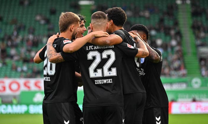 September 18, 2026 Soccer Season 2026–2027, Bundesliga 2, Matchday 6: SpVgg Greuther Fürth vs. Kleeblatt FC Magdeburg. FCM Sports Photo by Zink MeZi xmexzix. DFL regulations prohibit any use of photographs as image sequences and or quasi-video; for editorial use only. Goal celebration, jubilation, joy after a goal; goal, shot on goal for the 0–1 by Immanuel Iyoha, 8th minute, FC Magdeburg