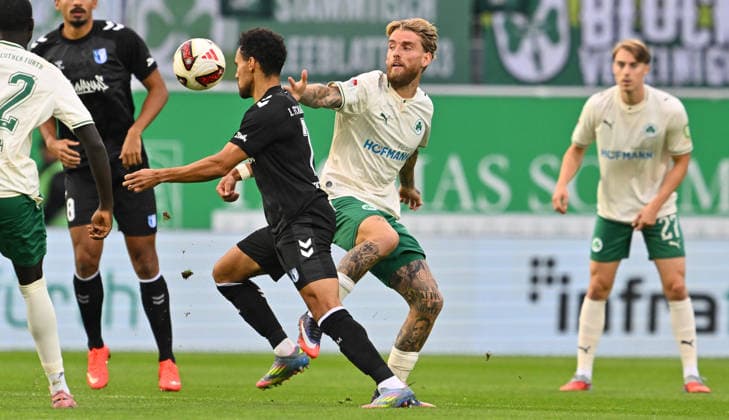 September 18, 2026 Soccer Season 2026–2027, Matchday 2, Bundesliga, SpVgg Greuther Fürth vs. Kleeblatt FC Magdeburg, FCM, Sports Photo by Zink xwoxzix. DFL regulations prohibit any use of photographs as image sequences and or quasi-video For editorial use only. Herbert Bockhorn 7, FC Magdeburg; Ole Pohlmann 10, SpVgg Greuther Fürth
