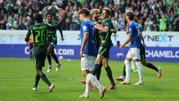 VfL vs. Darmstadt, 2. Bundesliga Wolfsburg, September 18, 2026, Soccer, Men s, 2. Bundesliga, 2026–2027 Season, VfL Wolfsburg vs. SV Darmstadt 98: Alexander Bernhardsson celebrates with his teammates after scoring the 1–0 goal. DFL and DFB regulations prohibit any use of photographs as image sequences and or quasi-video. Volkswagen Arena, Lower Saxony, Germany