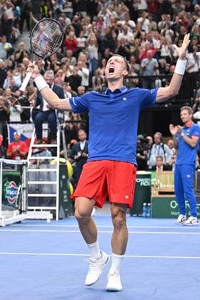 Jiri Lehecka (CZE) reacts as he won the game against Ben Shelton (USA) of the 2026 Davis Cup men s team tennis World Championship, WM, Weltmeisterschaft match between the Czech Republic and the United States, in Prague, Czech Republic, on September 18, 2026. (CTKxPhoto MichalxKamaryt) CTKPhotoP2026091807031  CTKPhotoP2026091807031