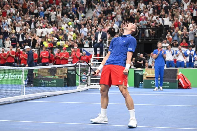 Jiri Lehecka (CZE) reacts as he won the game against Ben Shelton (USA) of the 2026 Davis Cup men s team tennis World Championship, WM, Weltmeisterschaft match between the Czech Republic and the United States, in Prague, Czech Republic, on September 18, 2026. (CTKxPhoto MichalxKamaryt) CTKPhotoP2026091807036  CTKPhotoP2026091807036