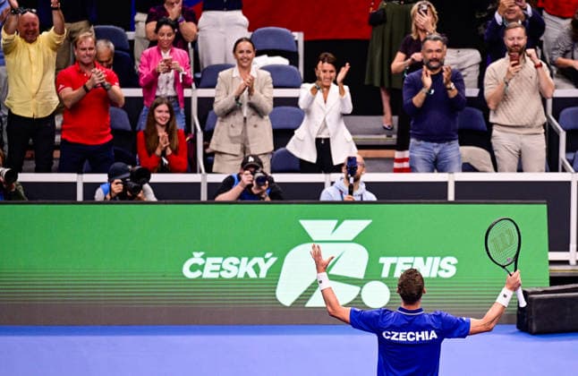 Jiri Lehecka (CZE) reacts as he won the game against Ben Shelton (USA) of the 2026 Davis Cup men s team tennis World Championship, WM, Weltmeisterschaft match between the Czech Republic and the United States, in Prague, Czech Republic, on September 18, 2026. (CTKxPhoto RomanxVondrous) CTKPhotoP2026091807092  CTKPhotoP2026091807092