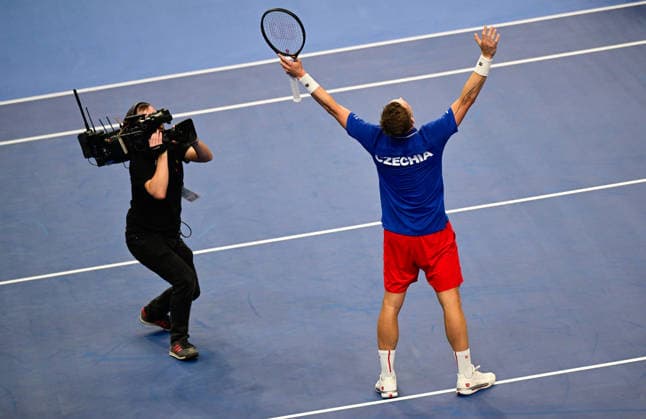 Jiri Lehecka (CZE) reacts as he won the game against Ben Shelton (USA) of the 2026 Davis Cup men s team tennis World Championship, WM, Weltmeisterschaft match between the Czech Republic and the United States, in Prague, Czech Republic, on September 18, 2026. (CTKxPhoto RomanxVondrous) CTKPhotoP2026091807124  CTKPhotoP2026091807124