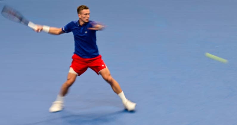 Jiri Lehecka (CZE), photo, playes against Ben Shelton (USA) in their game of the 2026 Davis Cup men s team tennis World Championship, WM, Weltmeisterschaft match between the Czech Republic and the United States, in Prague, Czech Republic, on September 18, 2026. (CTKxPhoto RomanxVondrous) CTKPhotoP2026091807166  CTKPhotoP2026091807166