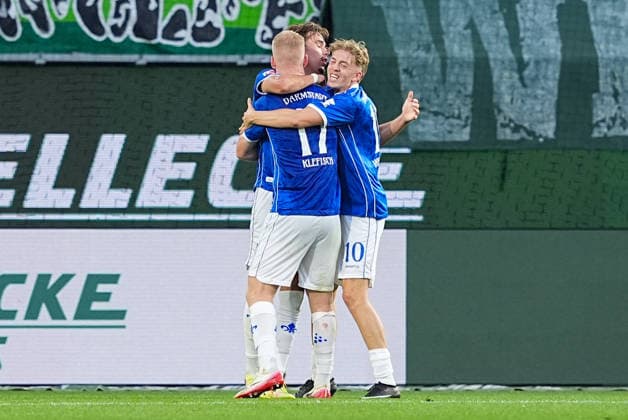September 18, 2026, xydrx, Men s, Soccer, 2. Bundesliga, VfL Wolfsburg vs. SV Darmstadt 98, 2026–2027 season, Volkswagen Arena: Celebration after SV Darmstadt 98’s goal to tie the game at 1–1, scored by Milan Smit (SV Darmstadt 98, 36), along with Kai Klefisch (SV Darmstadt 98, 17) and Nicolas Verkooijen (SV Darmstadt 98), 10. DFB regulations prohibit any use of photographs as image sequences and or quasi-video content Copyright: HMBxMedia YannisxDreimann