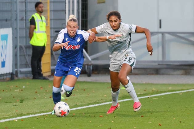 Laura Gloning, TSG 1899 Hoffenheim, 20; Cora Zicai, VfL Wolfsburg, 28; Soccer; Google Pixel; Women s Bundesliga; Matchday 5; TSG 1899 Hoffenheim vs. VfL Wolfsburg on September 18, 2026, at Dietmar Hopp Stadium in Hoffenheim, Germany Hoffenheim Dietmar Hopp Stadium Germany Copyright: xFranzxReindelx