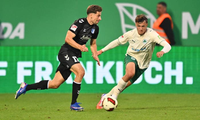September 18, 2026 Soccer Season 2026–2027, Matchday 2, Bundesliga, SpVgg Greuther Fürth vs. Kleeblatt FC Magdeburg, FCM, Sports Photo by Zink xwoxzix. DFL regulations prohibit any use of photographs as image sequences and or quasi-video For editorial use only. Alexander Nollenberger 17, FC Magdeburg; Lukas Reich 2, SpVgg Greuther Fürth