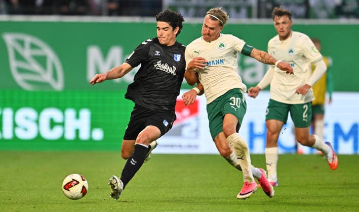 September 18, 2026 Soccer Season 2026–2027, Matchday 2, Bundesliga, SpVgg Greuther Fürth vs. Kleeblatt FC Magdeburg, FCM, Sports Photo by Zink xwoxzix. DFL regulations prohibit any use of photographs as image sequences and or quasi-video For editorial use only. Anselmo Garcia Mac Nulty, Mac Nulty 3, FC Magdeburg; Felix Klaus 30, SpVgg Greuther Fürth