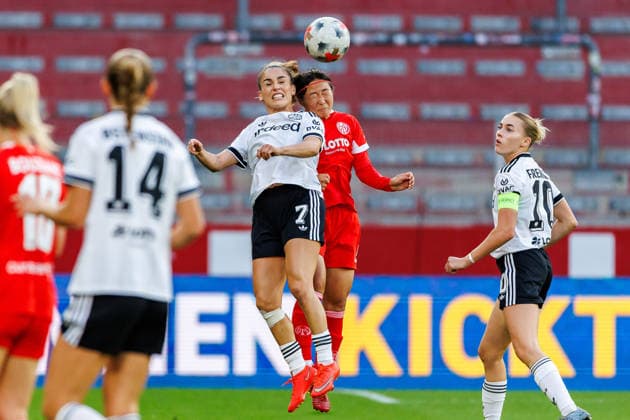 GPFBL, 1 FSV Mainz 05 vs. Eintracht Frankfurt, September 18, 2026, Mainz: A header duel between Ereleta Memeti (Eintracht Frankfurt, No. 7) and Rio Takizawa (1 FSV Mainz 05), 8 in the Google Pixel Women’s Bundesliga match on Matchday 5 of the 2026–27 season between 1 FSV Mainz 05 and Eintracht Frankfurt at the MEWA Arena in Mainz on September 18, 2026 Copyright: xBEAUTIFULxSPORTS Hahnex