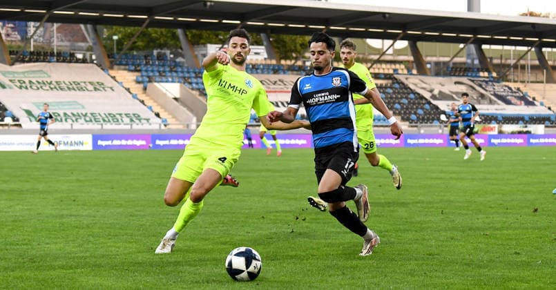 September 18, 2026, xokbx, Regional League Southwest Soccer, FSV Frankfurt vs. Stuttgarter Kickers: Ismail Harnafi (FSV Frankfurt), Elvir Zukaj (Stuttgarter Kickers), tackle, match in Frankfurt am Main
