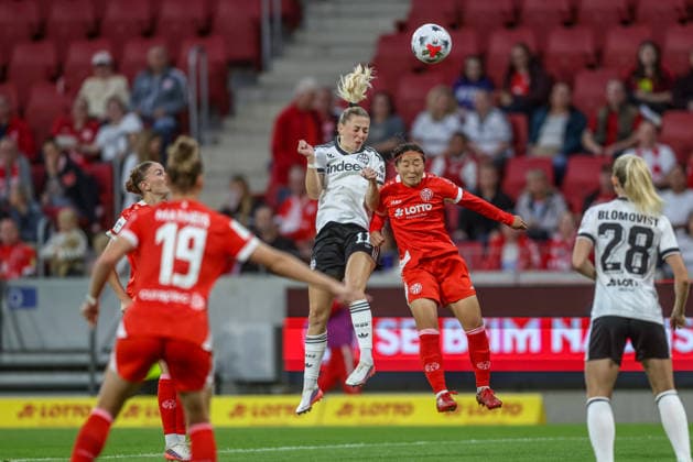 GER, Mainz, FSV Mainz 05 vs. Eintracht Frankfurt, Google Pixel Women s Bundesliga, Soccer, DFB, 2026–2027 Season, MEWA Arena, Matchday 5 in pictures: from left, Nina Lührsen, Eintracht Frankfurt Women s Team No. 11, Rio Takizawa, Mainz 05 Women’s Team No. 8. DFB and DFL regulations prohibit any use of photographs as image sequences and or quasi-video. September 18, 2026 Copyright: HMBxMedia HendrikxHamelau