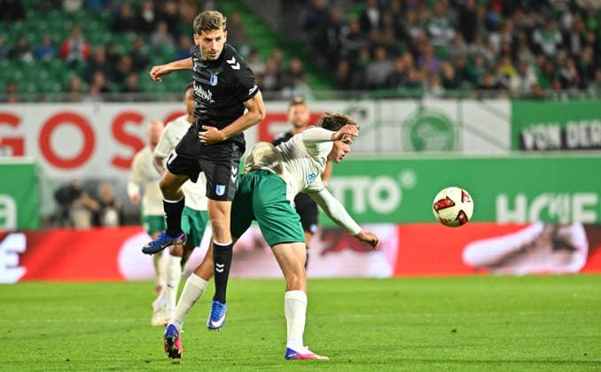 September 18, 2026 Soccer Season 2026–2027, Matchday 2, Bundesliga, SpVgg Greuther Fürth vs. Kleeblatt FC Magdeburg, FCM Sports Photo by Zink MeZi xmexzix. DFL regulations prohibit any use of photographs as image sequences and or quasi-video; for editorial use only. Alexander Nollenberger 17, FC Magdeburg; Lukas Reich 2, SpVgg Greuther Fürth (right)