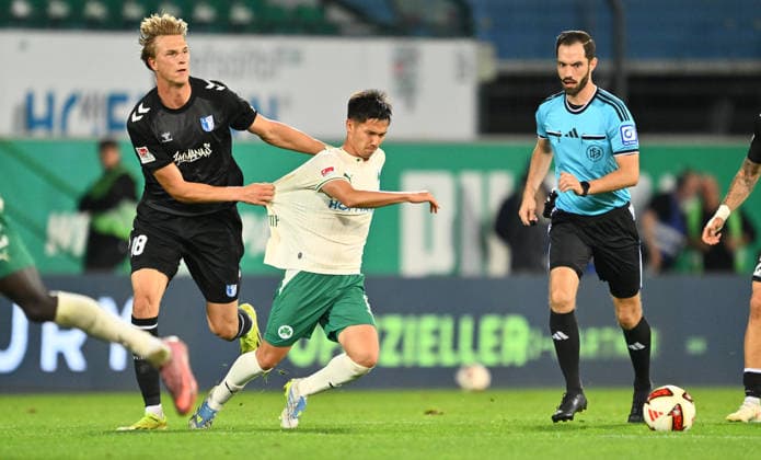 September 18, 2026 Soccer Season 2026–2027, Matchday 2, Bundesliga, SpVgg Greuther Fürth vs. Kleeblatt FC Magdeburg, FCM Sports Photo by Zink xwoxzix. DFL regulations prohibit any use of photographs as image sequences and or quasi-video For editorial use only. Luka Hyryläinen 38, FC Magdeburg; Shinta Appelkamp 8, SpVgg Greuther Fürth