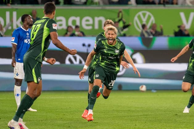 German Soccer 2. Bundesliga, Matchday 6, 2026–2027, VfL Wolfsburg vs. SV Darmstadt 98 on September 18, 2026, at the Volkswagen Arena in Wolfsburg; goal to make it 4–1 by Muhammed Damar of VfL Wolfsburg, age 20; celebration, joy, goal celebration, emotions Copyright: xSvenxHeidmannx