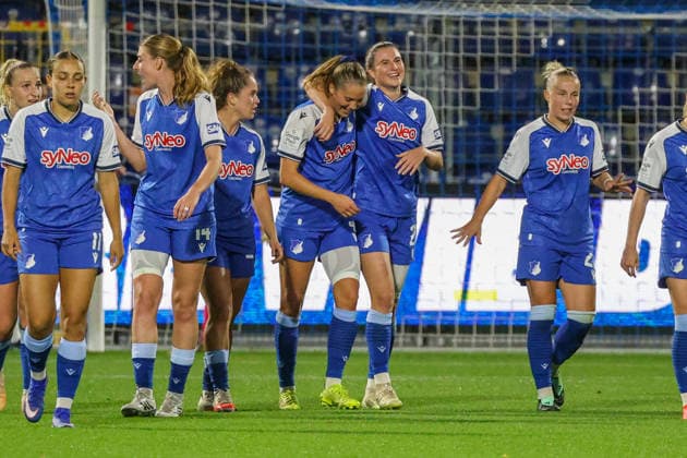 Chiara Marie Hahn, TSG 1899 Hoffenheim, 23, scorer of the 2-1 goal; goal and goal celebration; gestures; joy; emotions; Lisann Kaut, TSG 1899 Hoffenheim, 4, center of frame; soccer; Google Pixel; Women’s Bundesliga; Matchday 5; TSG 1899 Hoffenheim vs. VfL Wolfsburg on September 18, 2026, at the Dietmar Hopp Stadium in Hoffenheim, Germany; Hoffenheim; Dietmar Hopp Stadium; Germany Copyright: xFranzxReindelx