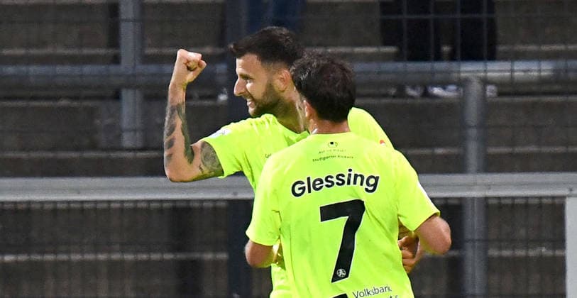 September 18, 2026, xokbx, Regionalliga Southwest soccer, FSV Frankfurt vs. Stuttgarter Kickers—celebration of the 1-0 goal by Dejan Bozic of the Stuttgarter Kickers, with Yannick Glessing of the Stuttgarter Kickers, Frankfurt am Main