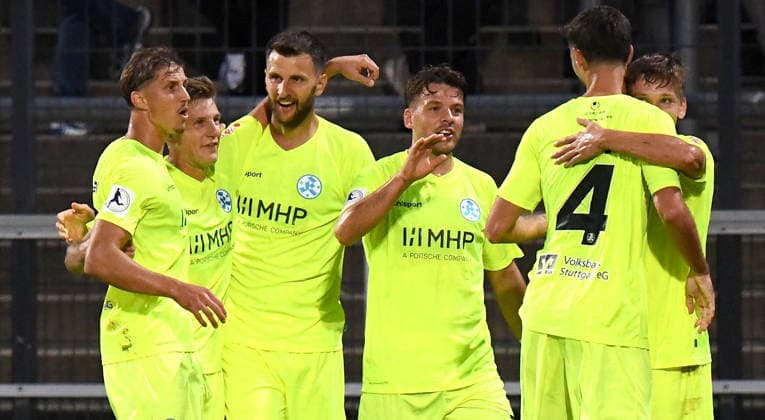 September 18, 2026, xokbx, Regionalliga Southwest soccer, FSV Frankfurt vs. Stuttgarter Kickers – Celebration of the 1–0 goal by Dejan Bozic of the Stuttgarter Kickers, with Yannick Glessing of the Stuttgarter Kickers, Elvir Zukaj of the Stuttgarter Kickers, and others in Frankfurt am Main