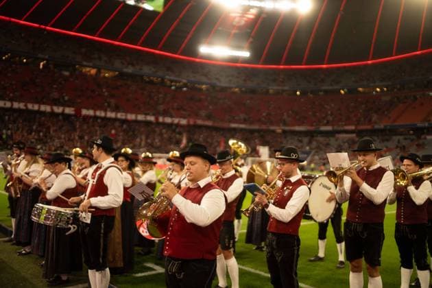 September 18, 2026: FC Bayern Munich vs. Union Berlin, Matchday 4 of the Bundesliga at the Allianz Arena in Munich. The Fan Treff B16 Pforzenrieden orchestra performs in traditional attire before kickoff at the Allianz Arena. IMPORTANT NOTICE: In accordance with DFL and DFB regulations, it is prohibited to use or allow the use of photographs taken in the stadium and or during the game in the form of sequential images and or video-like photo series Copyright: xJamesxZabelx