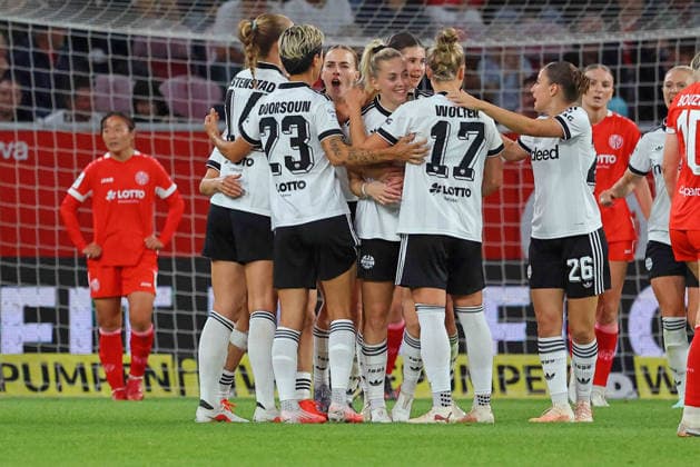 Mainz, Germany, September 18, 2026, Women’s Bundesliga 2026–2027, Matchday 5: 1. FSV Mainz 05 vs. Eintracht Frankfurt. Pictured: Goal scorer Nina Lührßen (Luehrssen), Frankfurt, fourth from the left, celebrates her goal to tie the score at 2–2. DFL and DFB regulations prohibit any use of photographs as image sequences and or quasi-video. Bruchwegstadion, Rhineland-Palatinate Copyright: xFotostandx xRacochax