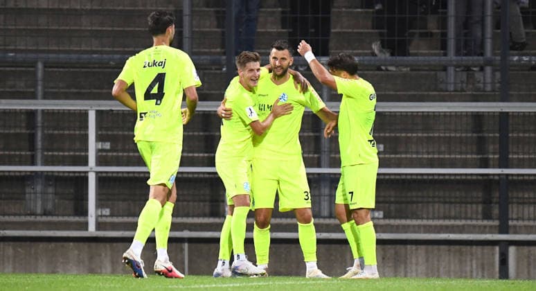 September 18, 2026, xokbx, Regional League Southwest Soccer, FSV Frankfurt vs. Stuttgarter Kickers: Goal celebration after Dejan Bozic’s 1–0 goal for the Stuttgarter Kickers, with Yannick Glessing (Stuttgarter Kickers) and Elvir Zukaj (Stuttgarter Kickers), Frankfurt am Main
