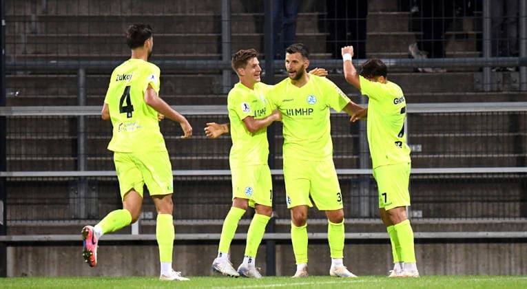 September 18, 2026, xokbx, Regional League Southwest Soccer, FSV Frankfurt vs. Stuttgarter Kickers: Goal celebration after Dejan Bozic’s 1–0 goal for the Stuttgarter Kickers, with Yannick Glessing (Stuttgarter Kickers) and Elvir Zukaj (Stuttgarter Kickers), Frankfurt am Main