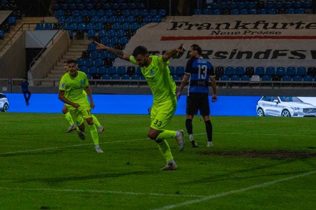 September 18, 2026, xerix, Southwest Regional Soccer League, FSV Frankfurt vs. Stuttgarter Kickers, Dejan Božic, SV Stuttgarter Kickers celebrates the 0-1 win over Frankfurt
