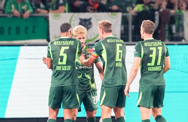 Germany Soccer 2. Bundesliga 2026–2027, Matchday 6: VfL Wolfsburg vs. SV Darmstadt 98 at Volkswagen Arena, Wolfsburg—Goals and goal celebrations: Muhammed Mehmet Damar (VfL Wolfsburg), 20 Hauke Wahl (VfL Wolfsburg), 6 Elvis Rexhbecaj (VfL Wolfsburg), 37 Vini Souza (VfL Wolfsburg), 5 Copyright: xAymanxAlahmedx