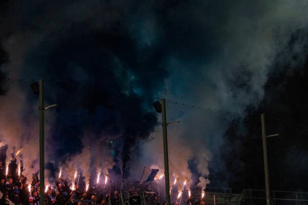 September 18, 2026, xerix, Southwest Regional Soccer League, FSV Frankfurt vs. SV Stuttgarter Kickers: SV Stuttgarter Kickers fans set off pyrotechnics in the Frankfurt visitors section
