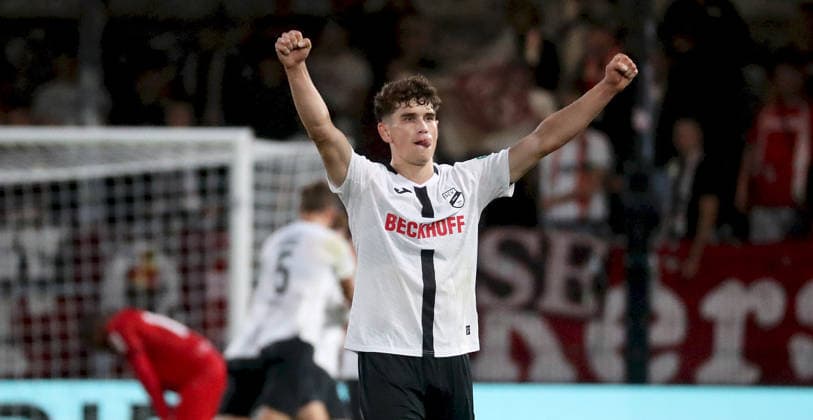 September 18, 2026, xfsx, Men s, Soccer, 2026–2027 Season, 3rd Division, Matchday 7: SC Verl vs. FC Würzburger Kickers; from left: Dominik Martinovic of SC Verl celebrating the goal; goal celebration; celebrating the 2–0 goal; single frame; Verl Sportclub Arena, North Rhine-Westphalia, Germany