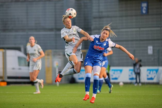 Sinsheim, Germany, September 18, 2026, Women s Bundesliga, Matchday 7: VfL Wolfsburg Women vs. TSG Hoffenheim. Pictured, from left: Svenja Huth (Wolfsburg) and Janna Grimm (Hoffenheim) in a header duel. Copyright: HMBxMedia MadeleinexFantini