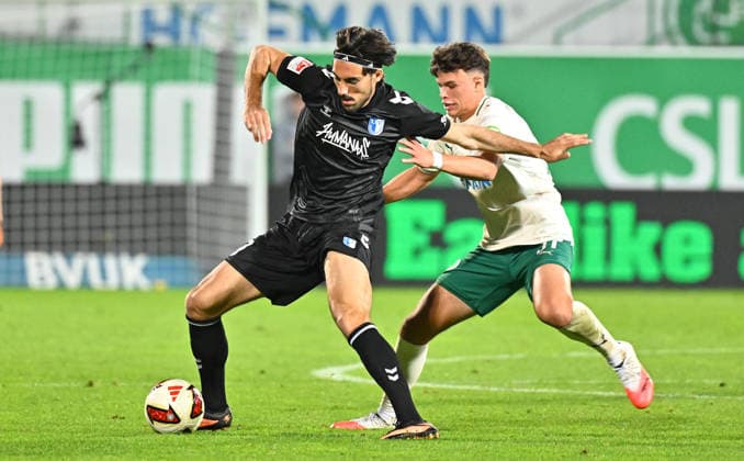 September 18, 2026 Soccer Season 2026–2027, Matchday 2, Bundesliga, SpVgg Greuther Fürth vs. Kleeblatt FC Magdeburg, FCM Sports Photo, Zink MeZi xmexzix. DFL regulations prohibit any use of photographs as image sequences and or quasi-video; for editorial use only. Roko Simic 9, FC Magdeburg; Faton Ademi 37, SpVgg Greuther Fürth, right