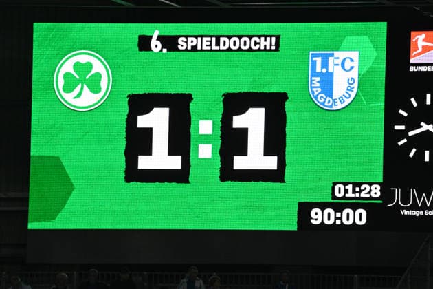 September 18, 2026 Soccer Season 2026–2027, Matchday 2, Bundesliga, SpVgg Greuther Fürth vs. Kleeblatt FC Magdeburg, FCM, Sports Photo by Zink xwoxzix. DFL regulations prohibit any use of photographs as image sequences and or quasi-video For editorial use only. Result on the scoreboard
