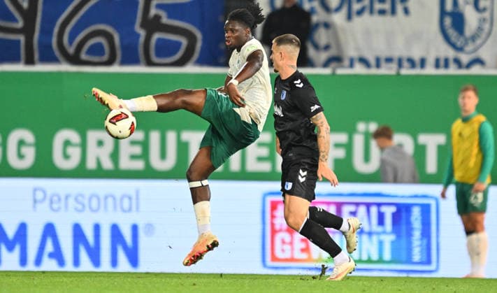 September 18, 2026 Soccer Season 2026–2027, Bundesliga 2, Matchday 6: SpVgg Greuther Fürth vs. Kleeblatt FC Magdeburg, FCM Sports Photo by Zink xwoxzix. DFL regulations prohibit any use of photographs as image sequences and or quasi-video For editorial use only. Hendry Blank 34, SpVgg Greuther Fürth; Mateusz Zukowski 22, FC Magdeburg