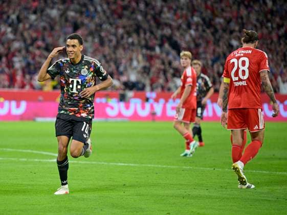 September 18, 2026, 2026–2027 Bundesliga, Matchday 4, FC Bayern Munich vs. 1. FC Union Berlin, at the Allianz Arena in Munich, goal celebration by Jamal Musiala of Bayern Munich