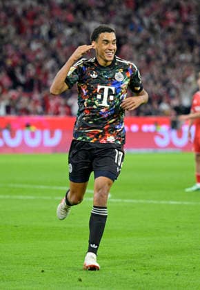 September 18, 2026, 2026–2027 Bundesliga, Matchday 4, FC Bayern Munich vs. 1. FC Union Berlin, at the Allianz Arena in Munich, goal celebration by Jamal Musiala of Bayern Munich