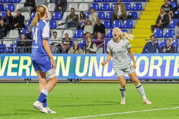 September 18, 2026, xgrfx, Soccer Google Pixel Women s Bundesliga, TSG Hoffenheim Women vs. VfL Wolfsburg, Anny Kerim Lindland scores the 1-1 equalizer for VfL Wolfsburg against Hoffenheim