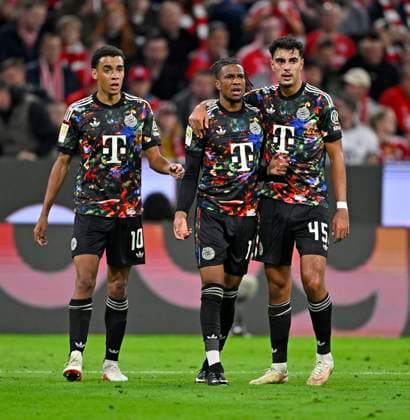 September 18, 2026, 2026–2027 Bundesliga Season, Matchday 4, FC Bayern Munich vs. 1. FC Union Berlin, at the Allianz Arena in Munich, from left: Jamal Musiala (Bayern Munich), Michael Olise (Bayern Munich), and Aleksandar Pavlovic (Bayern Munich)