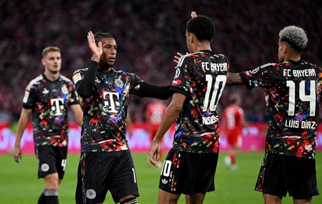 Soccer, Bundesliga 1, 2026–2027 Season, Matchday 4, September 18, 2026: FC Bayern Munich 1, FC Union Berlin. FC Bayern Munich celebrates after scoring the 2–0 goal, with goal scorers Jamal Musiala and Michael Olise