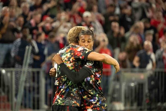 September 18, 2026: Soccer – FC Bayern Munich vs. Union Berlin, Matchday 4 of the Bundesliga at the Allianz Arena in Munich. Goal celebrations by Harry Kane (FC Bayern Munich, 9) and Michael Olise (FC Bayern Munich), 17, for a 4–0 win. IMPORTANT NOTICE: In accordance with DFL and DFB regulations, it is prohibited to use or allow the use of photographs taken in the stadium and or during the game in the form of sequential images and or video-like photo series. Copyright: xJamesxZabelx