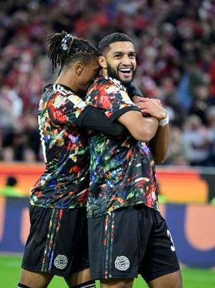 September 18, 2026, 2026–2027 Bundesliga Season, Matchday 4, FC Bayern Munich vs. 1. FC Union Berlin, at the Allianz Arena in Munich, Ismael Saibari of FC Bayern Munich celebrates with Michael Olise of FC Bayern Munich