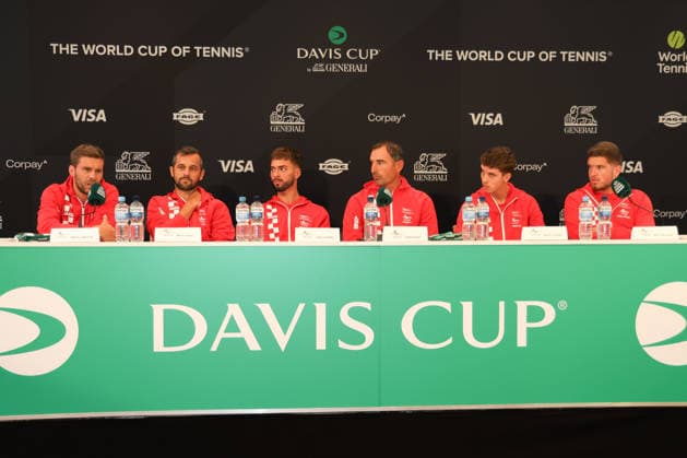 Davis Cup Draw Ceremony: Germany vs. Croatia; Team Croatia: L-R Nikola Mektic, Mate Pavic,Dino Prizmic, Captain Ivan Dodig, Matej Dodig, Mili Poljicak, Heristo Arena, Halle Westf, Germany Tennis Davis Cup 2026 Davis Cup Heristo Arena Halle West, North Rhine-Westphalia, Germany, September 18, 2026 Copyright: xJuergenxHasenkopfx