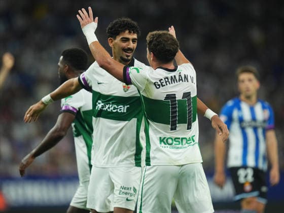 ESP: RCD Espanyol - Elche CF. La Liga EA Sports. Macthday 7 German Valera and Roy Revivo of Elche CF celebrating the 0-2 during the La Liga EA Sports match between RCD Espanyol and Elche CF played at RCDE Stadium on September 18, 2026 in Barcelona, Spain. kpng Copyright: xBaguxBlancox xPRESSINPHOTOx PS_2627_ESP_ELC_RAC_008