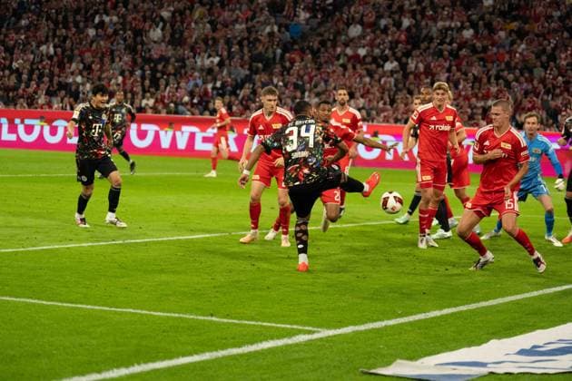 September 18, 2026: FC Bayern Munich vs. Union Berlin, Matchday 4 of the Bundesliga 1 at the Allianz Arena in Munich. Shot on goal by Ismael Saibari of FC Bayern Munich, 34 IMPORTANT NOTICE: In accordance with the regulations of the DFL and the DFB, it is prohibited to use or allow the use of photographs taken in the stadium and or during the game in the form of sequential images and or video-like photo series. Copyright: xJamesxZabelx