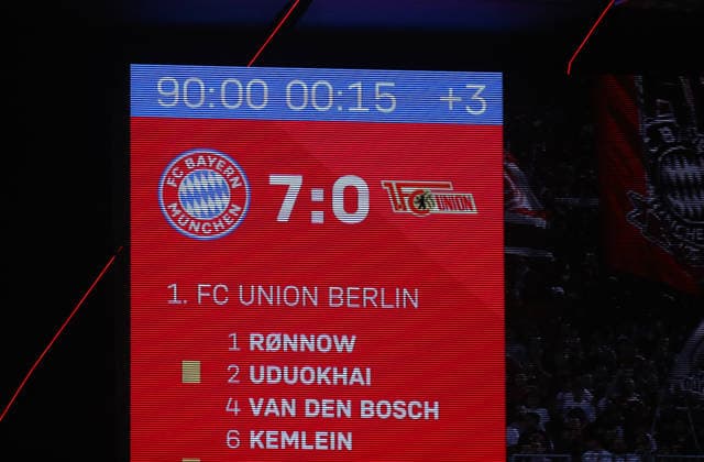Soccer, Men s, Bundesliga, 2026–2027 Season, FC Bayern Munich vs. 1. FC Union Berlin, Allianz Arena, 7–0 on the scoreboard, Final Score. DFB and DFL regulations prohibit any use of photographs as image sequences and or quasi-video.