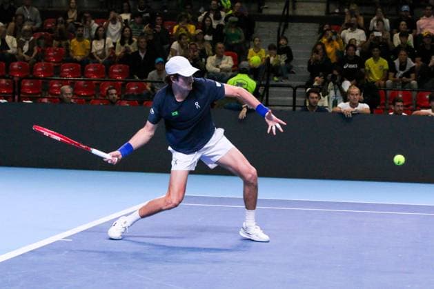 RECORD DATE NOT STATED Davis Cup - Joao Fonseca vs. Dominic Striker Rio de Janeiro (RJ) 09 18 2026 - Davis Cup, Brazil, Switzerland, Tennis - Brazilian tennis player Joao Fonseca during the match against Swiss player Dominic Stricker, for the Davis Cup, held at the Farmasi Arena, in Barra da Tijuca, Rio de Janeiro.(Foto: Lucas Simonin Gomes Thenews2 imago images) SPO  Copyright: xLucasxSimoninxGomesx