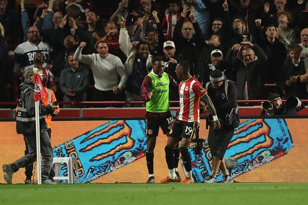 18th September 2026; Gtech Community Stadium, London, England; Premier League Football, Brentford versus Chelsea; Jaidon Anthony of Brentford celebrates his goal in the 61st minute for 1-0 KatiexChan