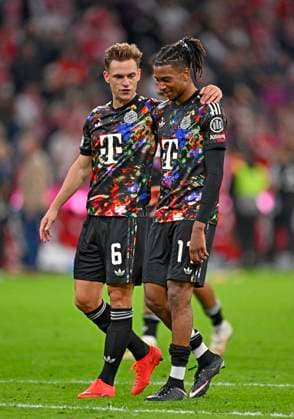 September 18, 2026, 2026–2027 Bundesliga Season, Matchday 4, FC Bayern Munich vs. 1. FC Union Berlin, at the Allianz Arena in Munich, Joshua Kimmich of FC Bayern Munich is very proud of his teammate Michael Olise of FC Bayern Munich