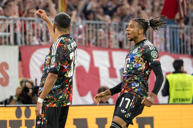Goal celebration, Ismael Saibari 34 FC Bayern Munich, Michael Olise 17 FC Bayern Munich, FC Bayern Munich 1 FC Union Berlin, Bundesliga, Matchday 4, September 18, 2026. DFB regulations prohibit any use of photographs as image sequences and or quasi-video. Munich, Bayern, Germany Copyright: xkolbert-press UlrichxGamelx
