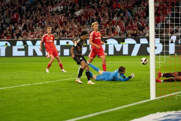 September 18, 2026: Soccer – FC Bayern Munich vs. Union Berlin, Matchday 4 of the Bundesliga 1 at the Allianz Arena in Munich: Jamal Musiala (FC Bayern Munich) scores what would have been the 10th goal in a supposed 8–0 victory in stoppage time—goal disallowed. IMPORTANT NOTICE: In accordance with DFL and DFB regulations, it is prohibited to use or allow the use of photographs taken in the stadium and or during the game in the form of sequential images and or video-like photo series Copyright: xJamesxZabelx